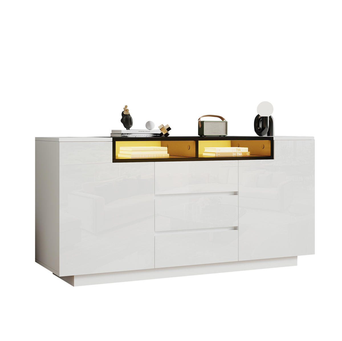 SIDEBOARD 140/40/68 cm mit 2 Türen, 3 Schubladen & LED, Weiß/Schwarz - Weiß, Holzwerkstoff (140/68/40cm) - BEAOK