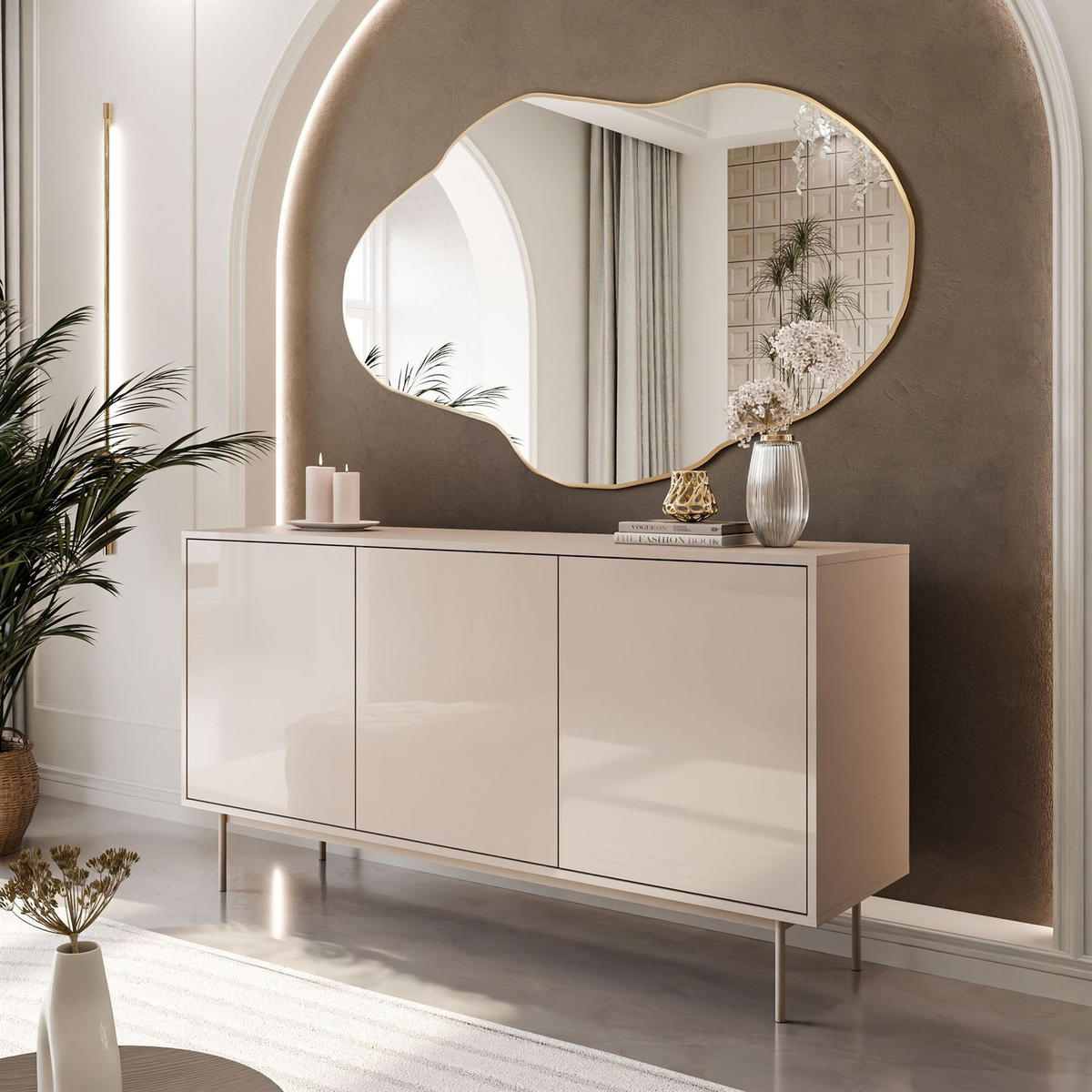 KOMMODE SANAYI Kaschmir Hochglanz mit Gestell - Kaschmir, Holzwerkstoff (154/80/40cm) - Lookway