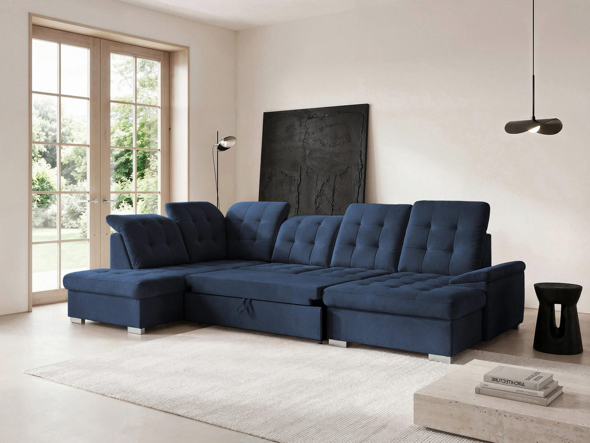 WOHNLANDSCHAFT ANON Ottomane Links, mit Schlaffunktion und Bettkasten, Dunkelblau - Dunkelblau, Kunststoff/Textil (322/87/220cm) - Idohome
