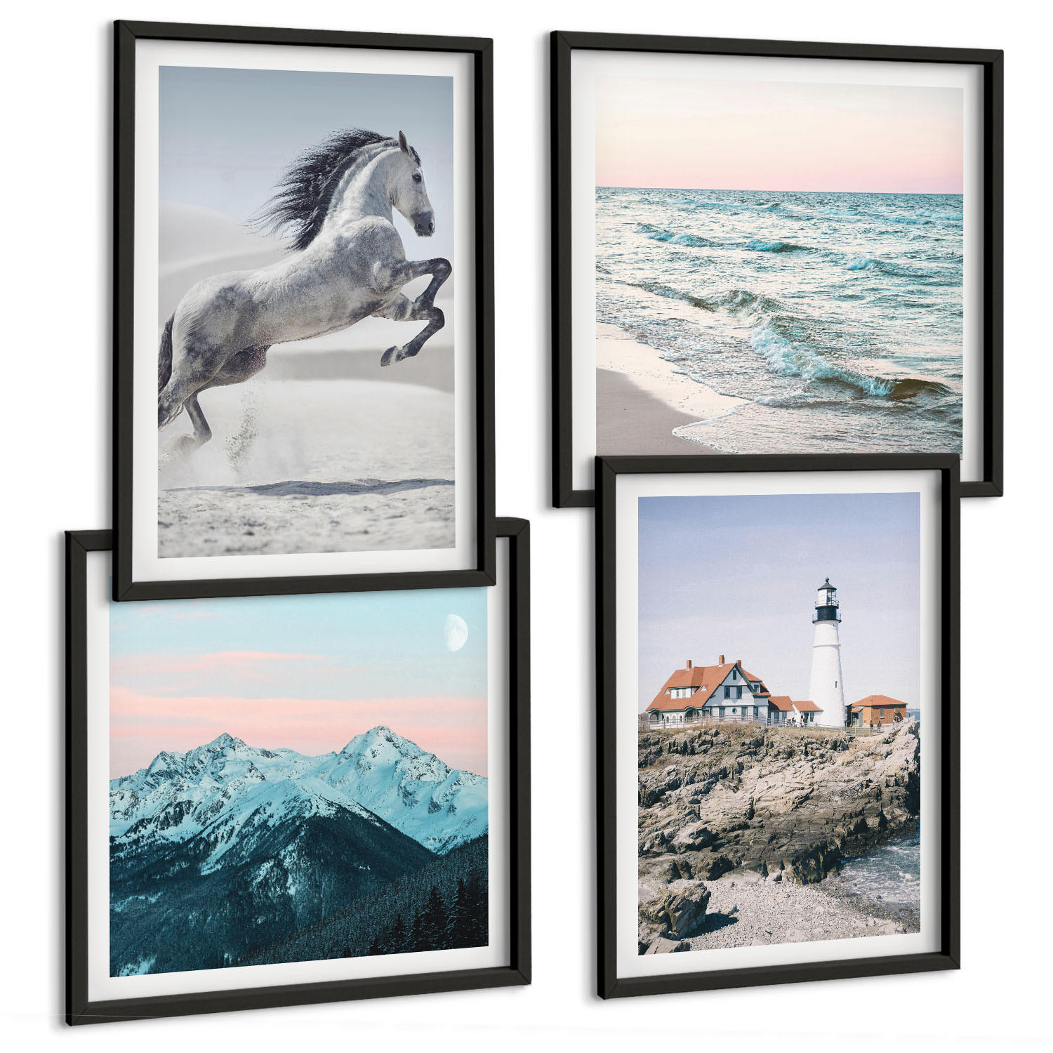 BILDER SET 4er Set - 50x50 cm & 40x60 cm Schwarzer Rahmen - Pferde, Bewegung, Strand, Leuchtturm, Berge - Schwarz, Kunststoff (50/50cm) - TULUP