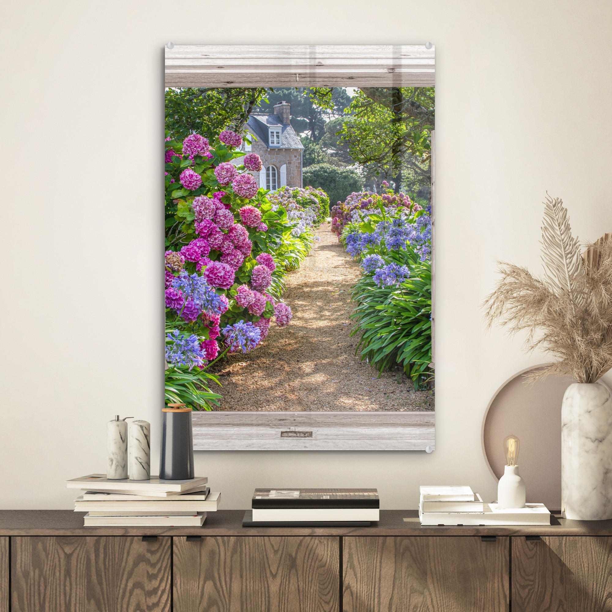 ACRYLGLASBILD Hortensie - Ansicht - Blumen - Sommer - Lila - Weg 40x60 cm - Lila, Glas (40/60cm) - MuchoWow