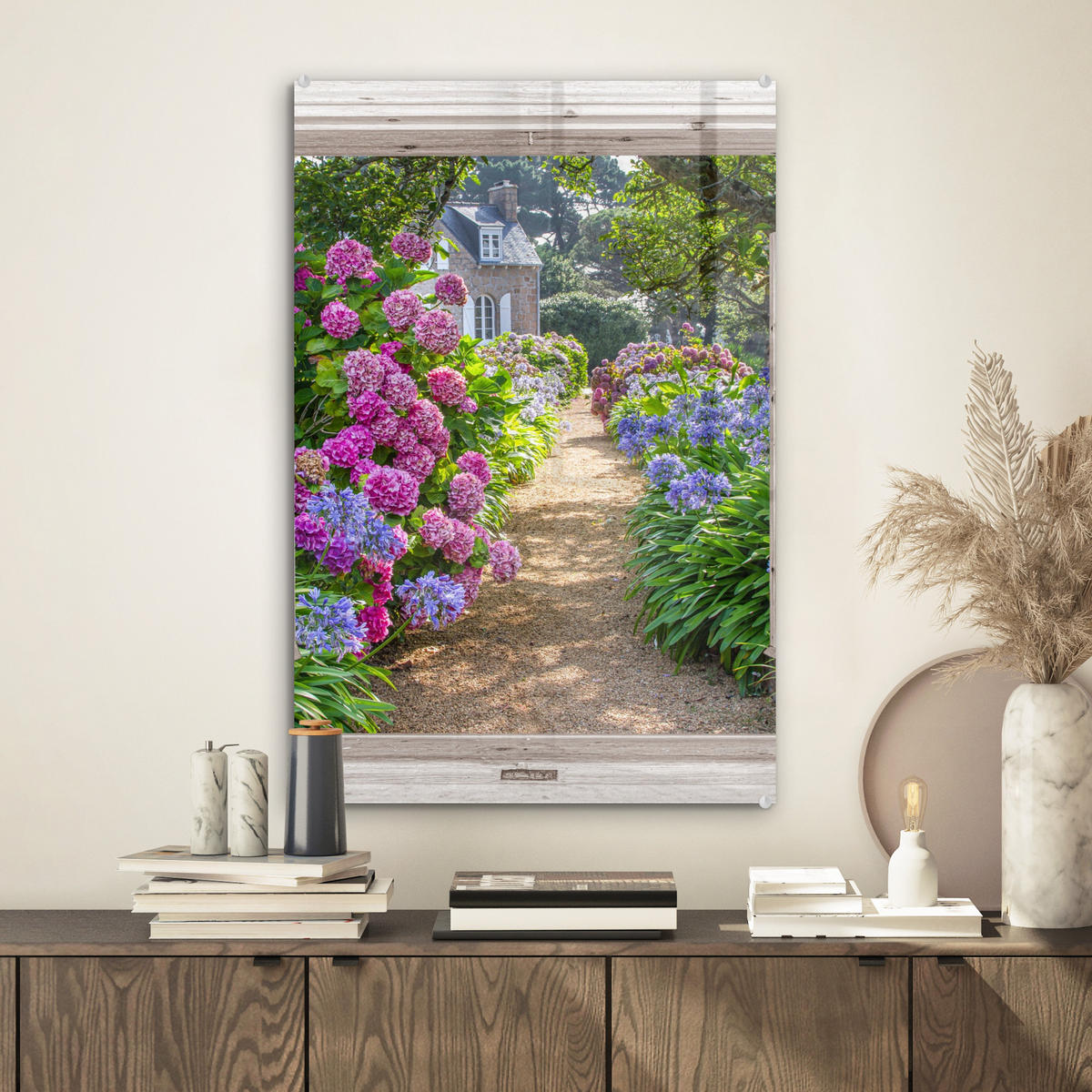 ACRYLGLASBILD Hortensie - Ansicht - Blumen - Sommer - Lila - Weg 40x60 cm - Lila, Glas (40/60cm) - MuchoWow