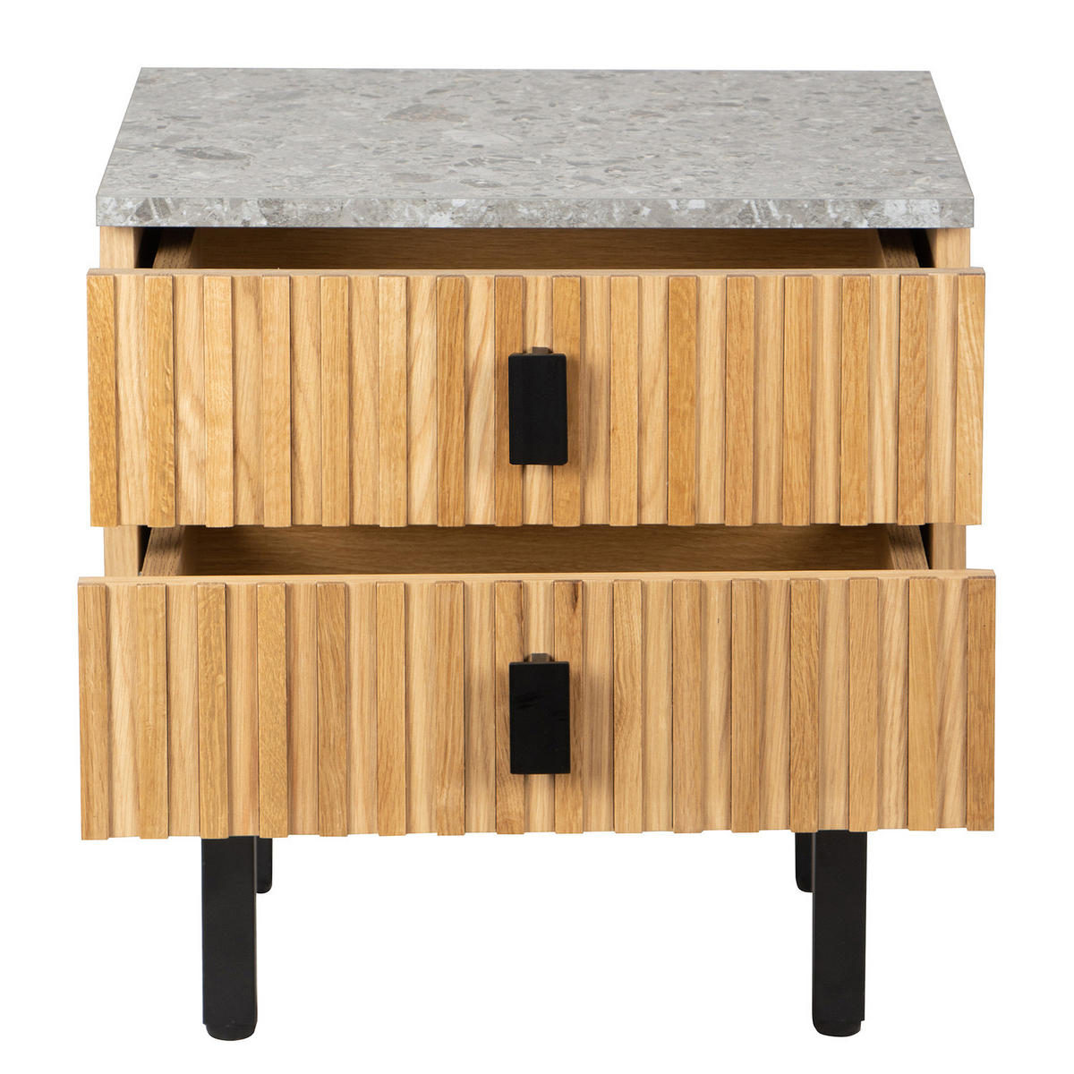 NACHTKOMMODE - Echtholzfurnier - Terazzo Dekor / Eiche - Eichefarben/Schwarz, Holzwerkstoff/Metall (48/50/40cm) - home24