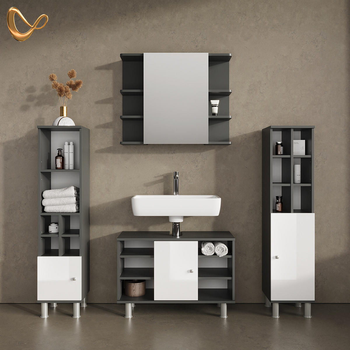 BADMÖBEL-SET Fucino Anthrazit 4 Teile, mit Midischränke - Anthrazit/Weiß, Holzwerkstoff (80/54/32cm) - Livinity®