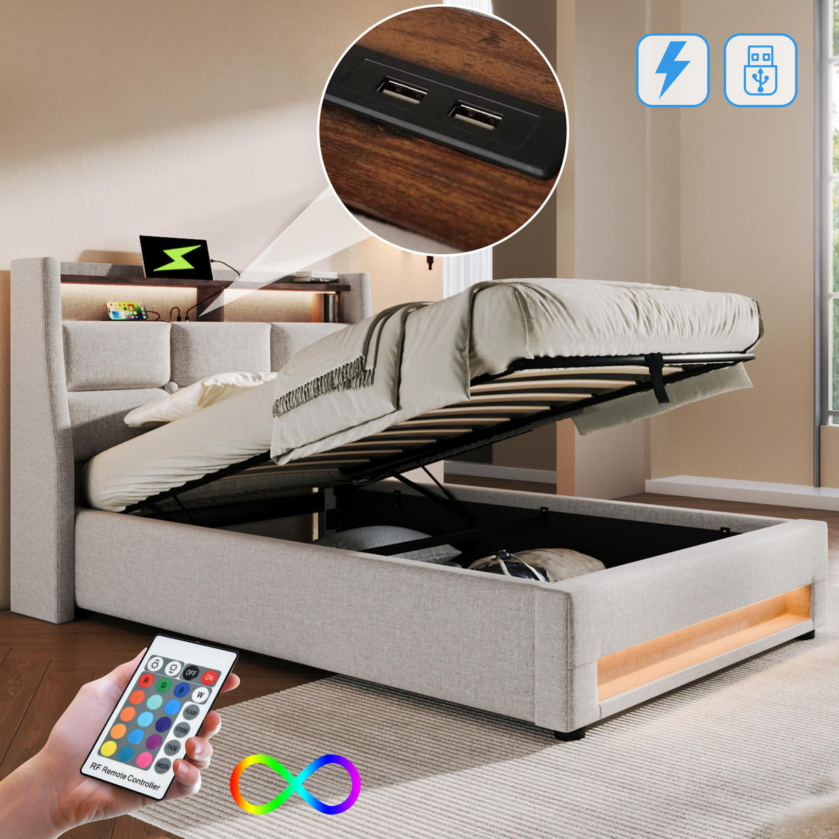 POLSTERBETT 90/200 cm, in Beige mit LED-Beleuchtung und USB-Anschluss, , Leinen - Beige, Textil (90/200cm) - Homcomodar
