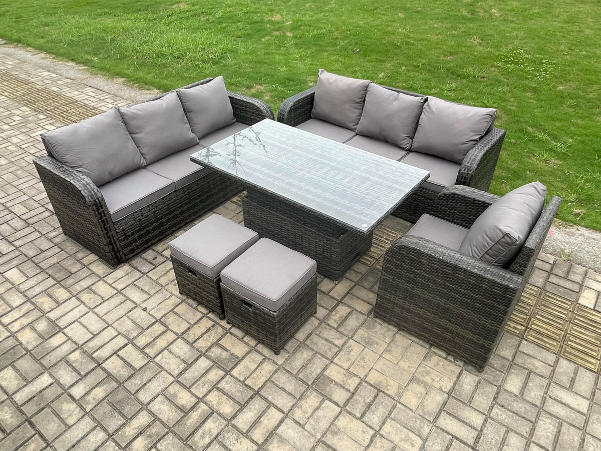 GARTENMÖBELSET mit Höhenverstellbarer Esstisch 9-Sitzer Grau - Dunkelgrau/Grau, Glas/Kunststoff - Fimous