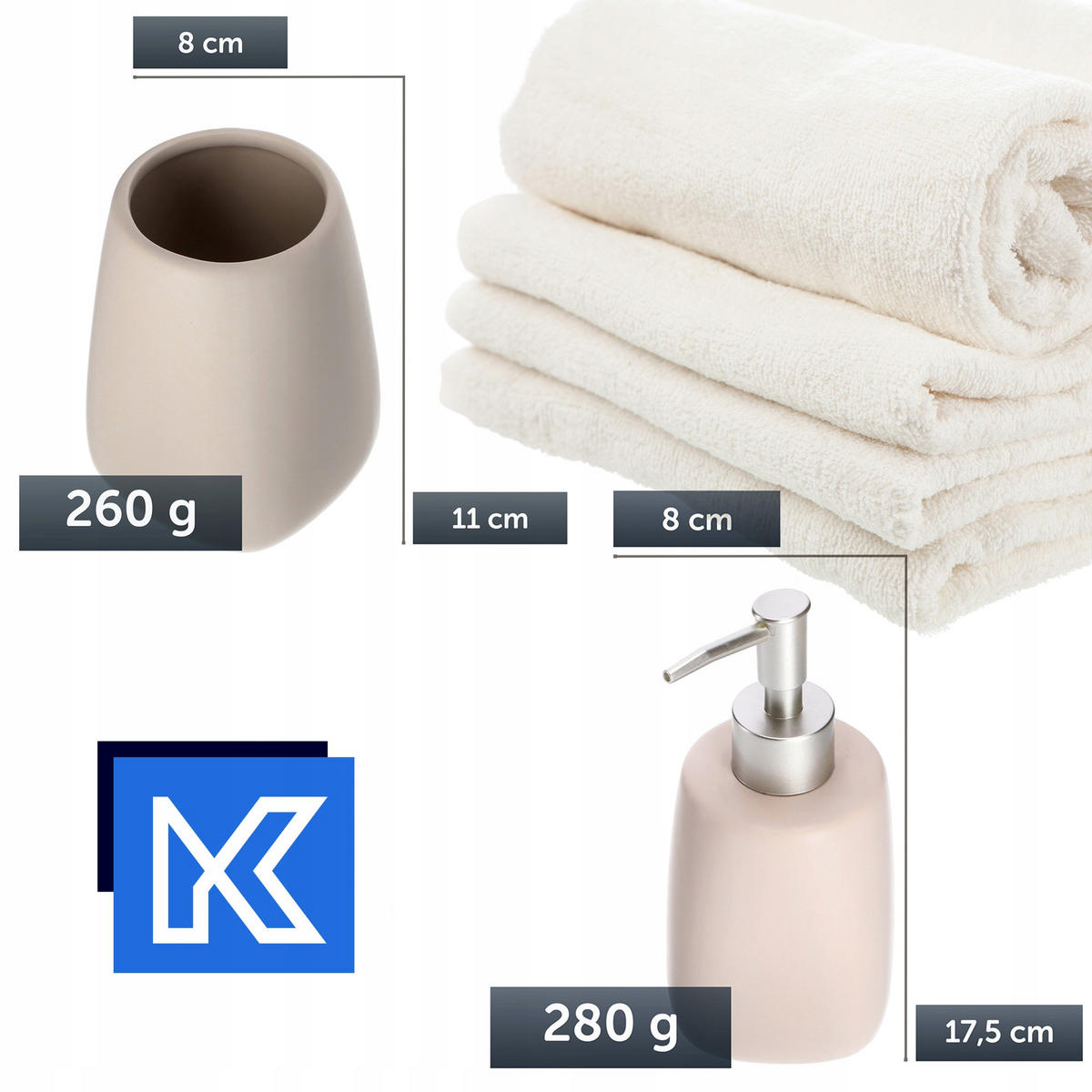 BADEZIMMERSET SEIFENSPENDER + Badezimmerbecher-Set, beige - Beige, Keramik (8/11cm) - KADAX