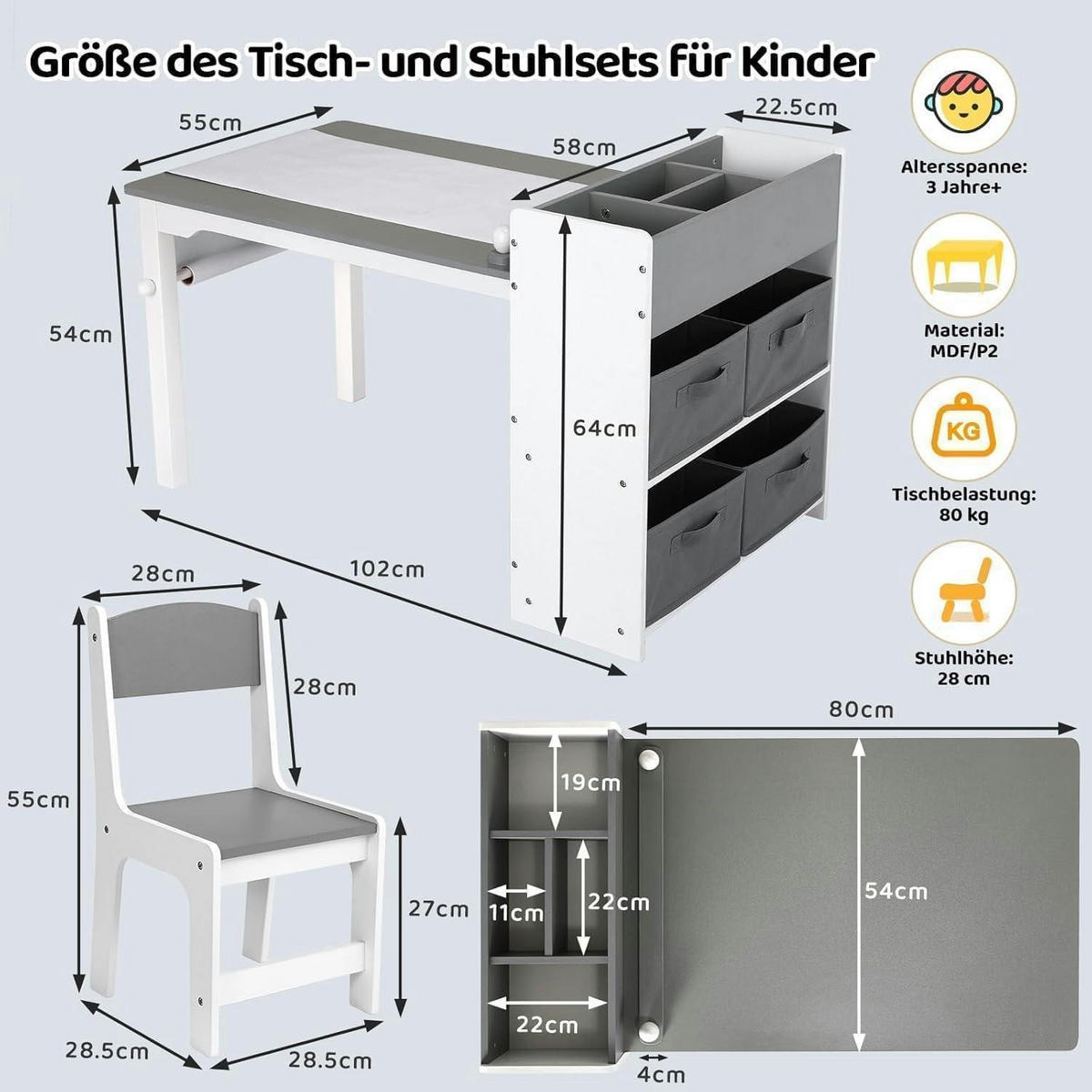 KINDERTISCH mit 2 Stühlen Set Grau Weiß - Weiß, Holzwerkstoff (53/64/102cm)