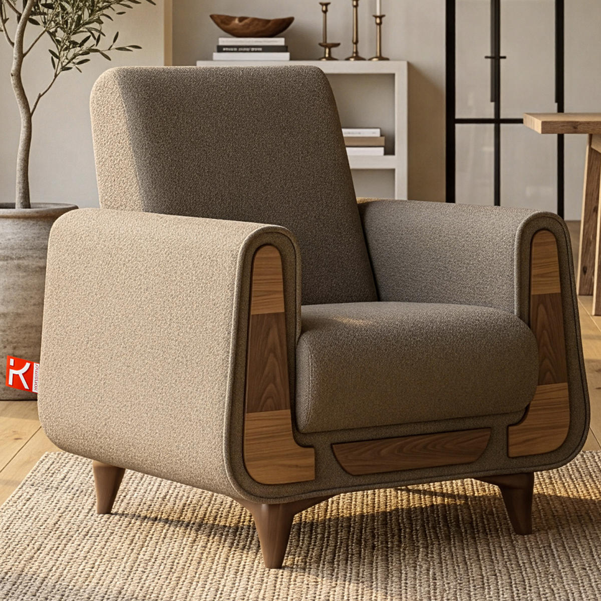 SESSEL GUSTAVO mit Armlehnen, Dunkelbeige - Graubraun/Beige, Holz/Holzwerkstoff (83/95/92cm) - KONSIMO®