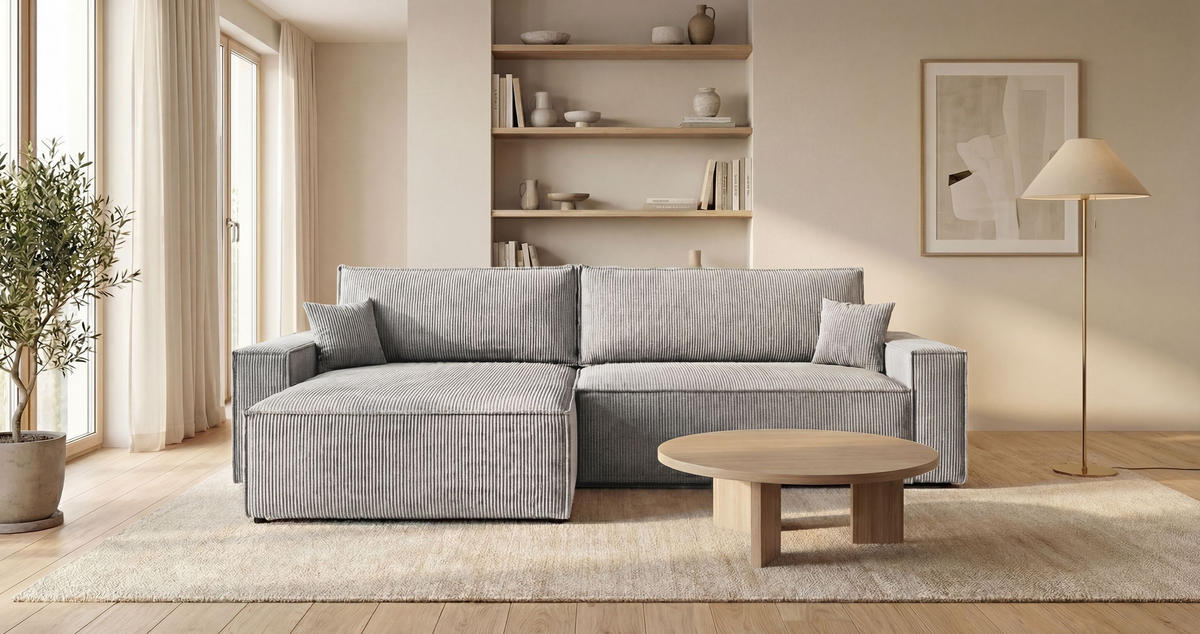 ROHOVÁ pohovka VIENNA levá šedá manšestr Poso 55 - funkce spaní, úložný prostor - šedá, textil (285/185cm) - Cornero