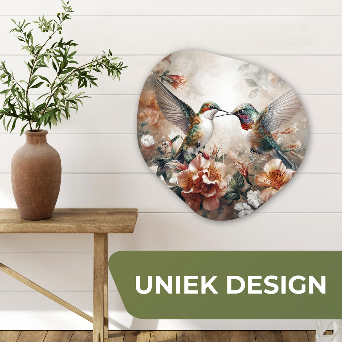 WANDBILD Kolibri - Vögel - Blumen - Natur Wandbild 60x60 cm - Altrosa, Kunststoff (60/60cm) - MuchoWow
