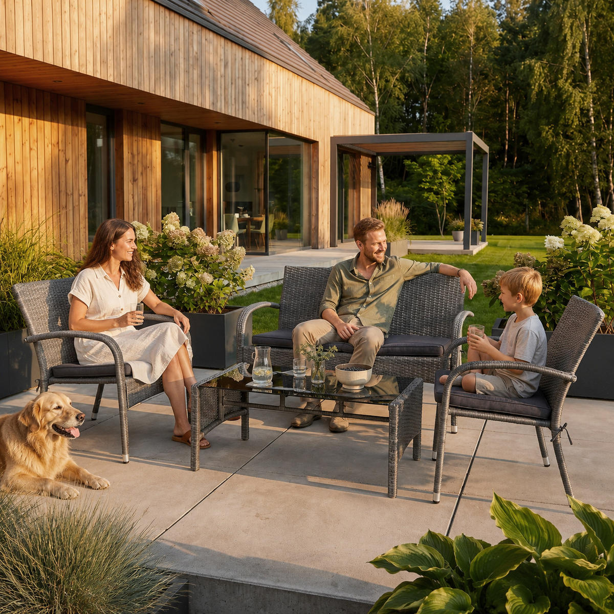 GARTENSET Montero Sofa, 2 Sessel und Tisch mit gehärtetem Glas, Metall+Technorattan - Dunkelgrau/Grau, Metall - Beautysofa