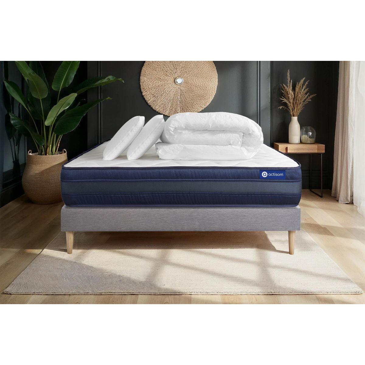 BETT Actiflex tech Taschenfederkern und Memory-Schaum 140 x 190 cm h4 - Kit Bettgestell Grau - Mit Kissen und Bettdecke - Beige/Grau, Karton/Holz (140/190cm) - ACTISOM
