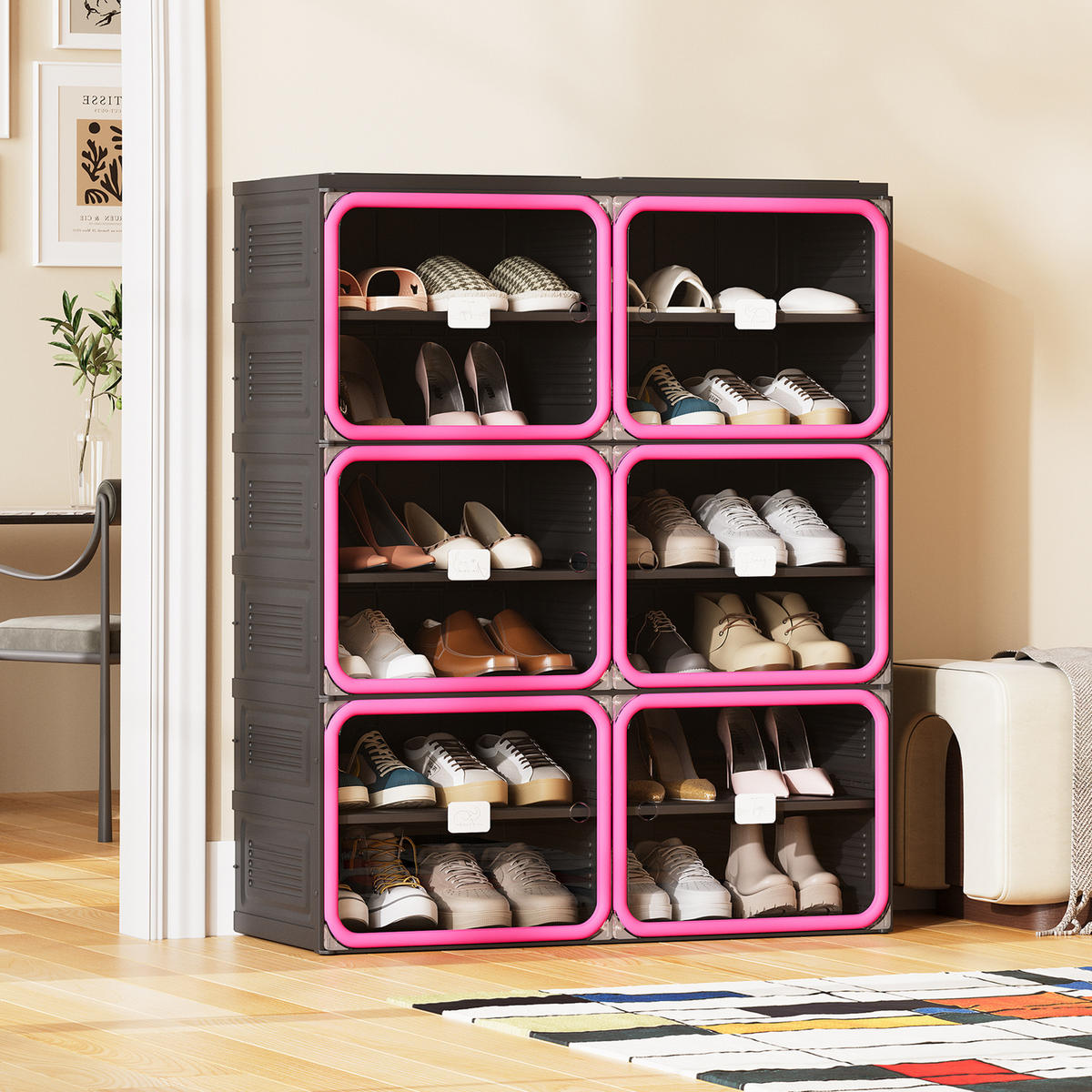 SCHUHSCHRANK, Doppelfach mit 6 Ebenen, faltbar, montagefrei, aus Kunststoff, Flurmöbel, Schwarz-Rot - Rot, Kunststoff (85/104/34cm) - GENKI LIVING