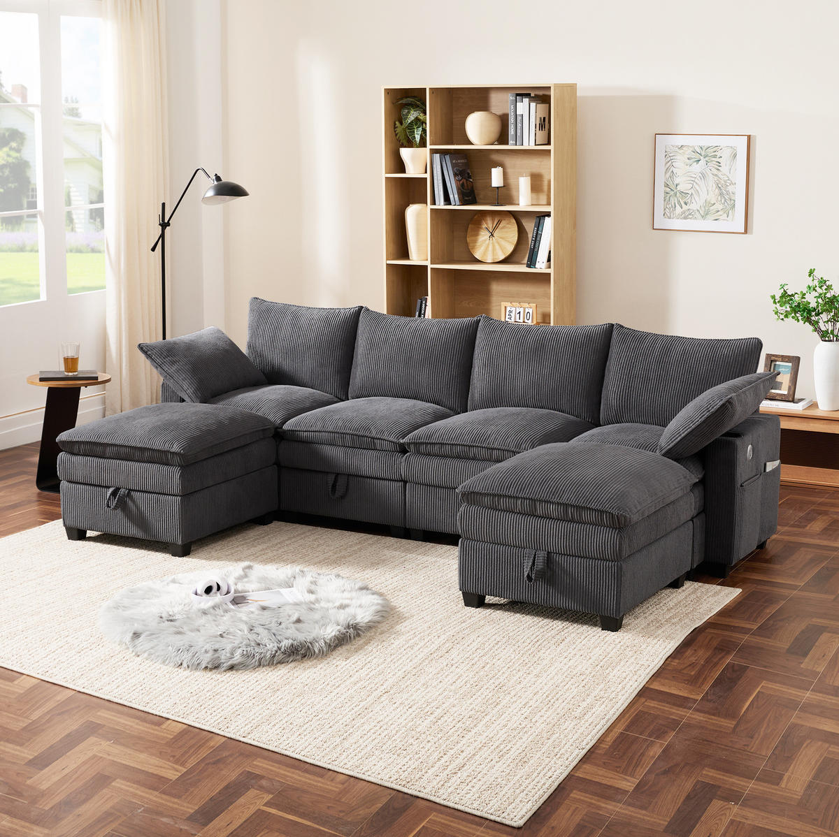 WOHNLANDSCHAFT aus Cord 280x151x82 cm Grau mit USB-Anschlüssen, Stauraum, Getränkehaltern und 2 Fußhockern - Grau, Textil (151/82/280cm) - Modfu