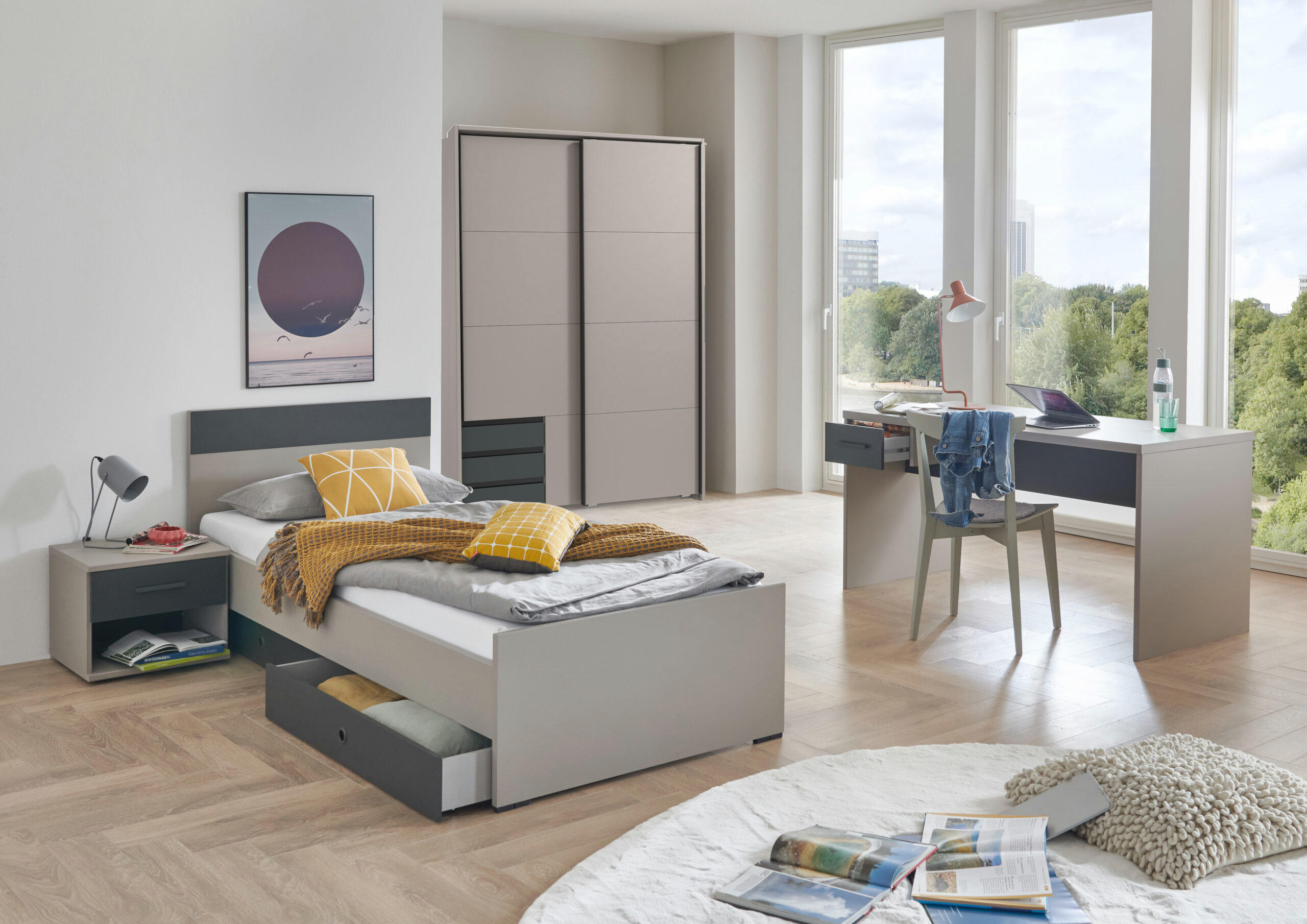 JUGENDZIMMER Bahamas Saharagrau- Grafit 7 teilig mit Schwebetürenschrank - Grau, Holzwerkstoff (80/200/120cm)