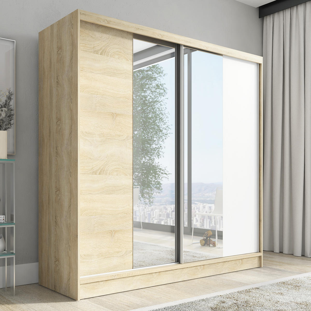 SCHWEBETÜRENSCHRANK 200 CM DUO Farbe: Sonoma | sonoma | schwarz - Braun/Weiß, Holzwerkstoff (200/215/60cm) - A&J MöbelLand