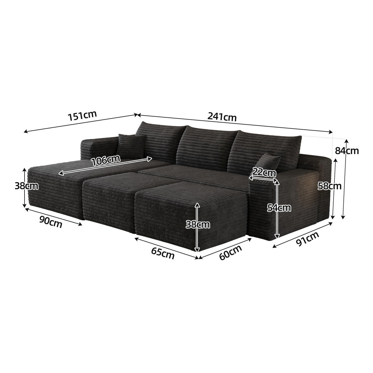 WOHNLANDSCHAFT Cord Schwarz ohne Montage - Schwarz, Textil (241/58/151cm) - WISHDOR