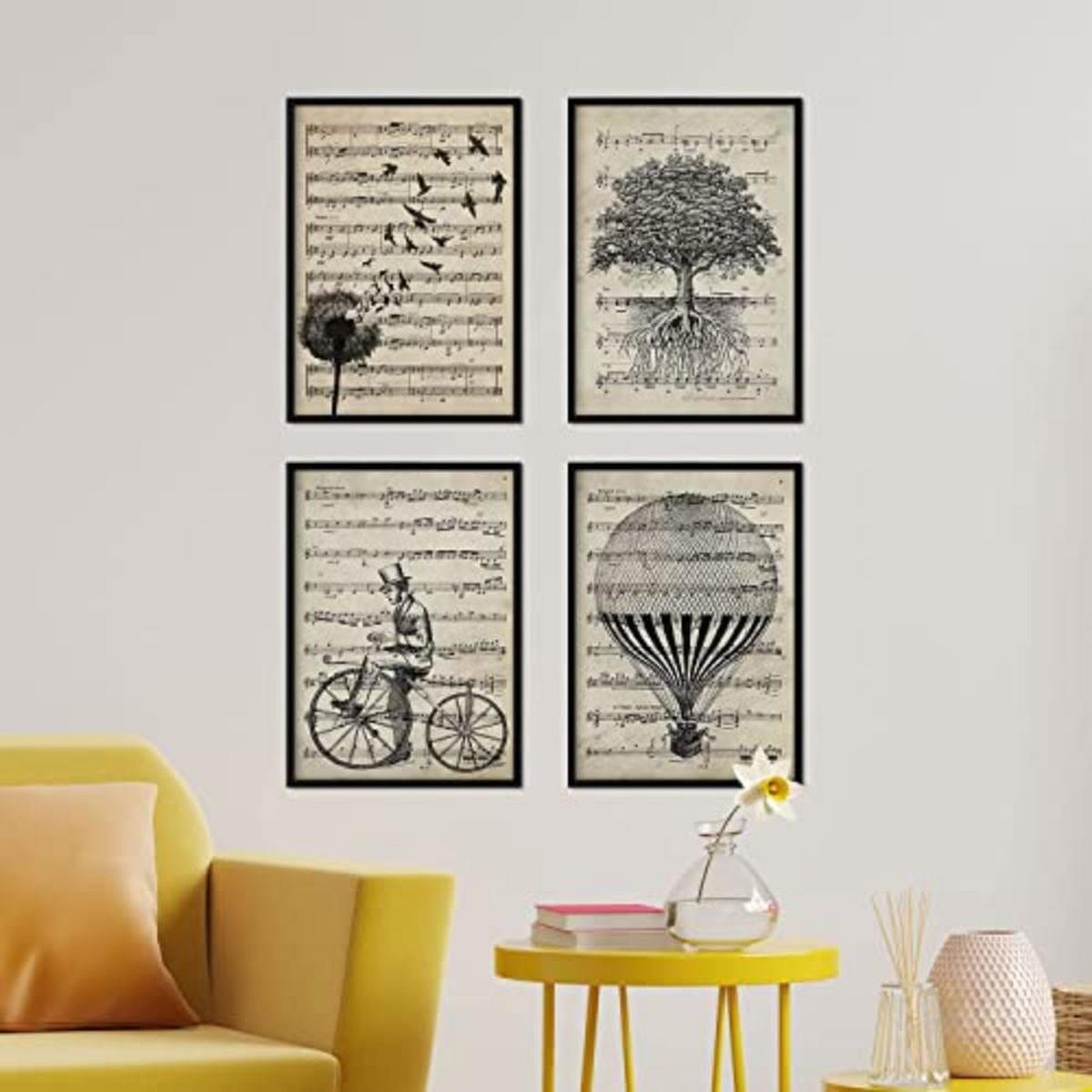 POSTER Set mit 4 Notenblatt A4 Schwarzer Rahmen - Schwarz, Papier (29.7/3cm) - Nacnic