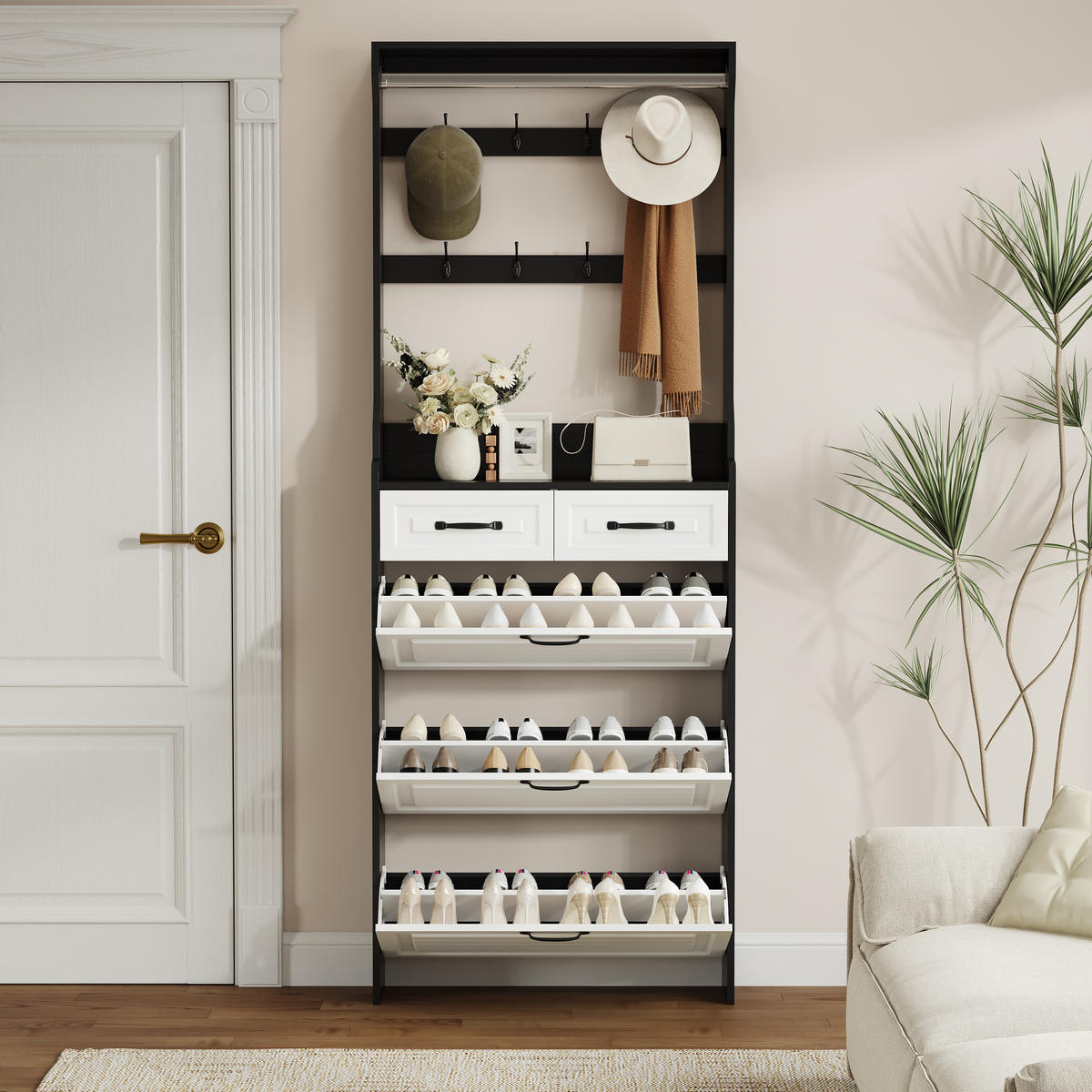 SCHUHSCHRANK aus Spanplatte in Weiß mit 3 Klappen & 2 Schubladen - Weiß, Holzwerkstoff (80/220/23.5cm) - Modfu