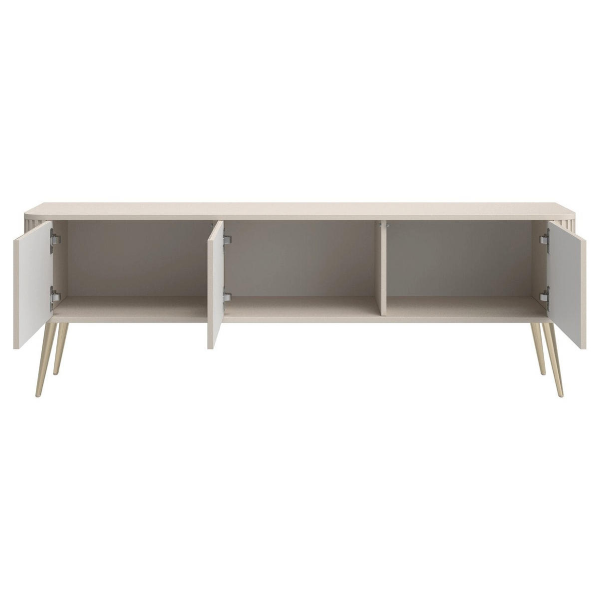 TV stolík Ovarlo sivobéžový s drážkovanými čelami 3-dverový 163/49/38 cm - zlatá/taupe, kov/kompozitné drevo (163.2/49.2/38cm) - Selsey