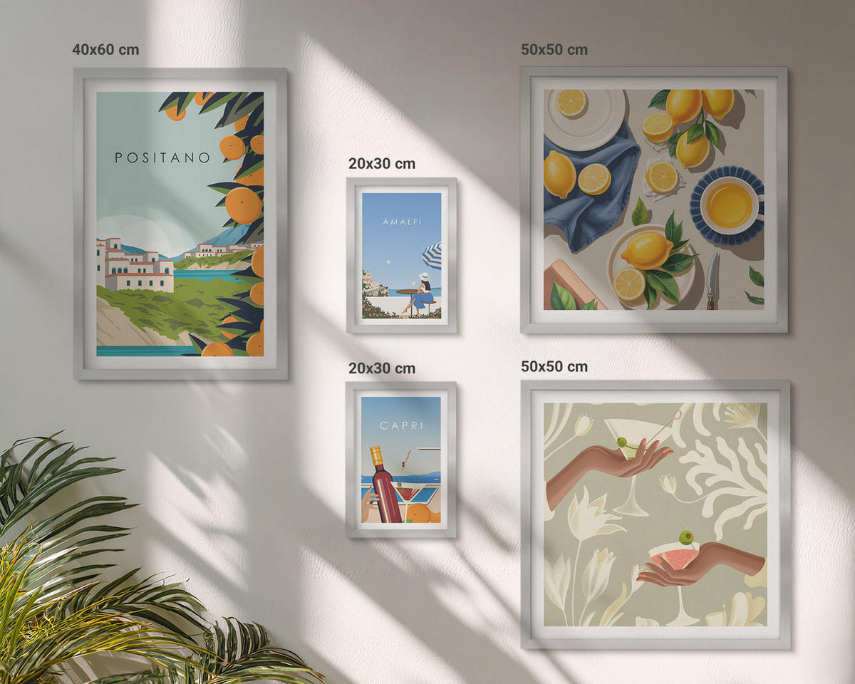 BILDER SET 5er Set - 50x50 cm & 20x30 cm & 40x60 cm Silberner Rahmen - Fruchtmuster und italienische Kultur - Silberfarben, Kunststoff (40/60cm) - TULUP