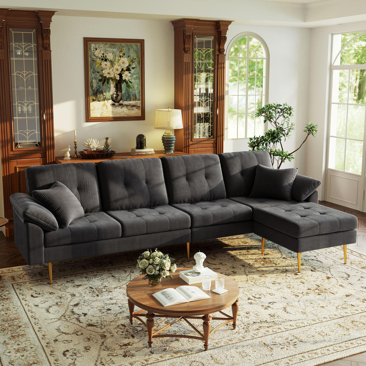 ECKSOFA 4-Sitzer mit flexiblem Hocker, DE-42943, Dunkelgrau - Dunkelgrau, Metall (250/70cm) - ComfortXL