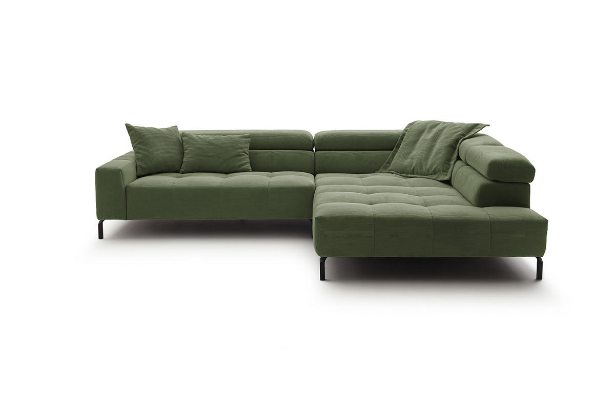 ECKSOFA MIT MOTORISCHEM SITZVORZUG OHIO Grün Cord - Schwarz/Grün, Textil/Metall (311/219cm) - KAWOLA