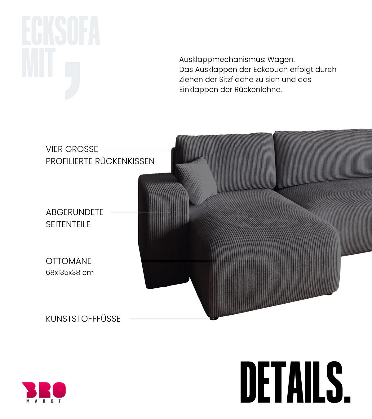 WOHNLANDSCHAFT PUMI mit Schlaffunktion Grau Cord - Grau, Textil (312/82/148cm) - Bromarkt
