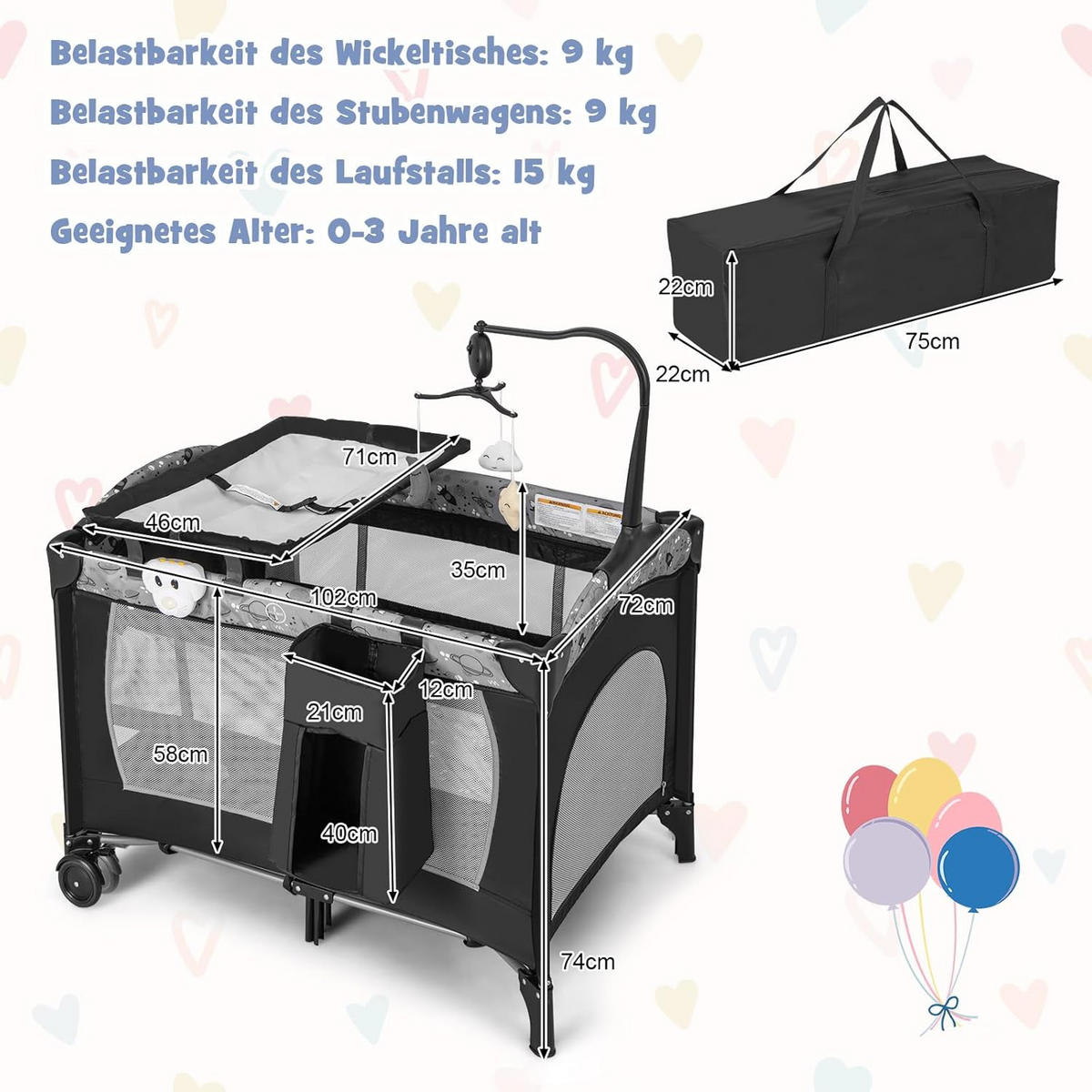 BABYBETT beistellbett Grau - Grau, Metall - COSTWAY