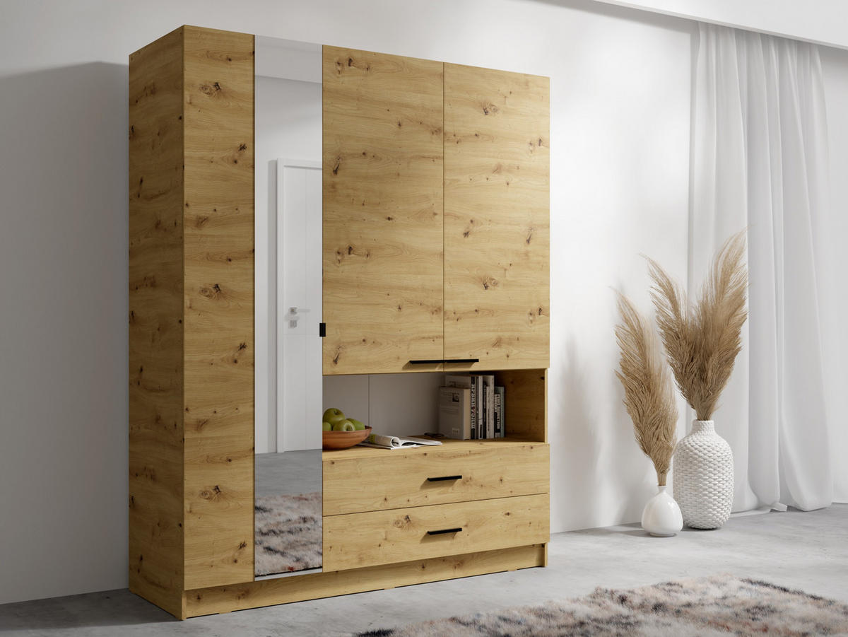 DREHTÜRENSCHRANK CHARON 158,3/200,6/55cm 3-türig mit Spiegel Eiche Artisan - Eiche Artisan, Holzwerkstoff (158.3/200.6/55cm) - MASSENO