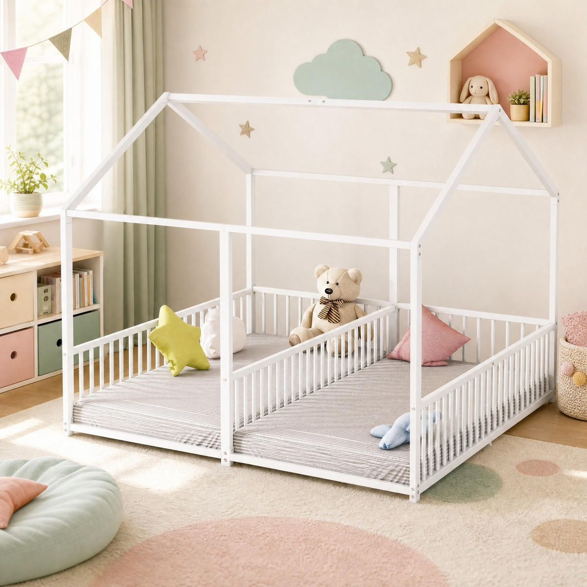 KINDERBETT 90/200 mit Doppelbett-Design, Hausrahmen, Geländer und Leiter aus Eisenrahmen in Weiß - Weiß, Metall (90/200cm) - EVRYAE
