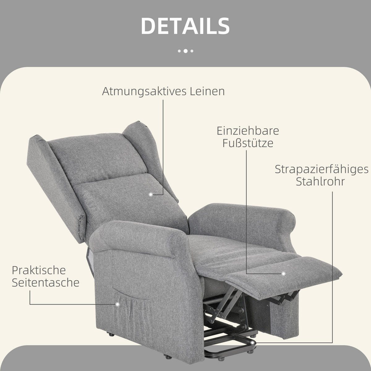FERNSEHSESSEL mit Aufstehhilfe Leinen Grau - Grau, Textil (94/111/74cm) - HOMCOM