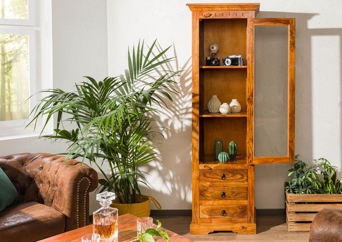VITRINE Akazie 60x44x190 honig lackiert OXFORD #0528 - Braun, Holz (60/190/44cm) - Massivmoebel24