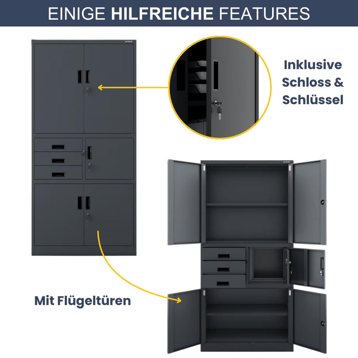 AKTENSCHRANK abschließbar GEDO mit Tresor 185x90x40cm Anthrazit - Anthrazit, Metall (90/185/40cm) - DELUKE