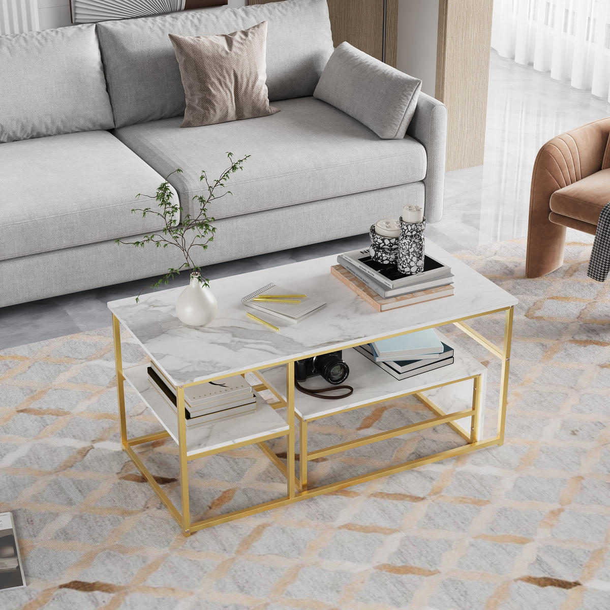 COUCHTISCH rechteckig, Wohnzimmertisch mit Metallrahmen, Schwarz - Goldfarben, Metall (105/52/48cm) - PARAFTA HOME