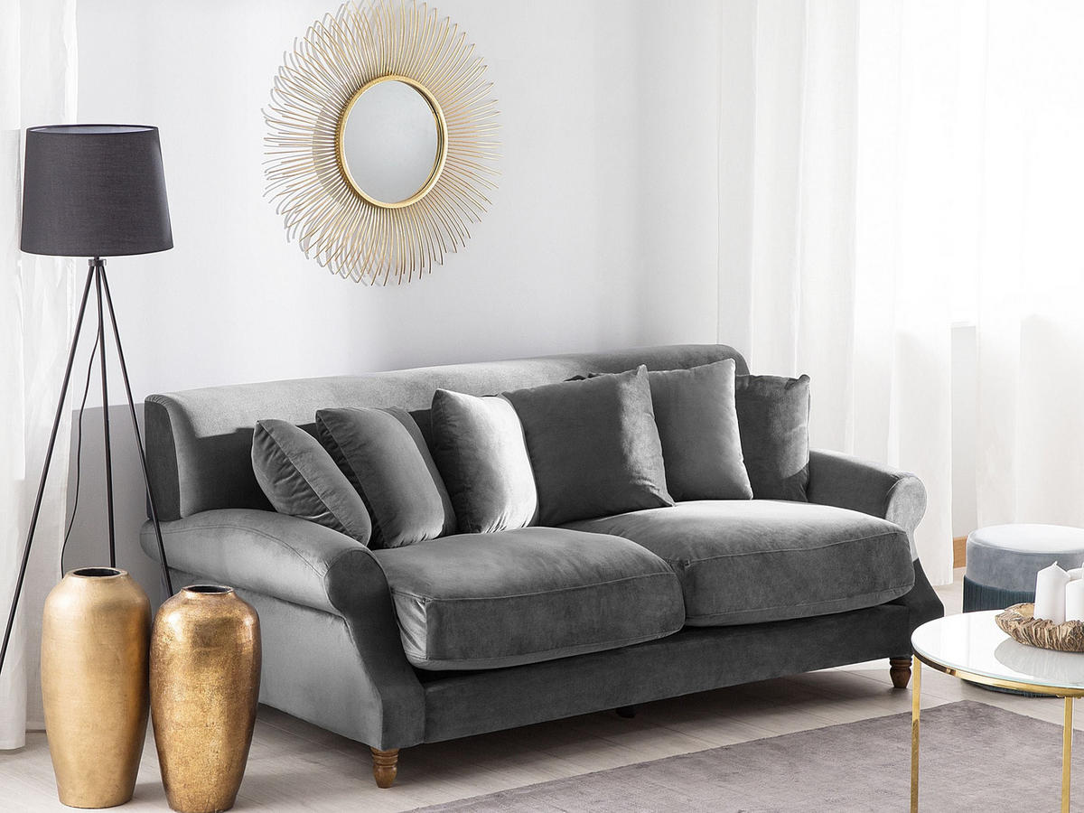 3-SITZER-SOFA Samtstoff Grau Eike - Grau, Textil (186/82/102cm) - Beliani