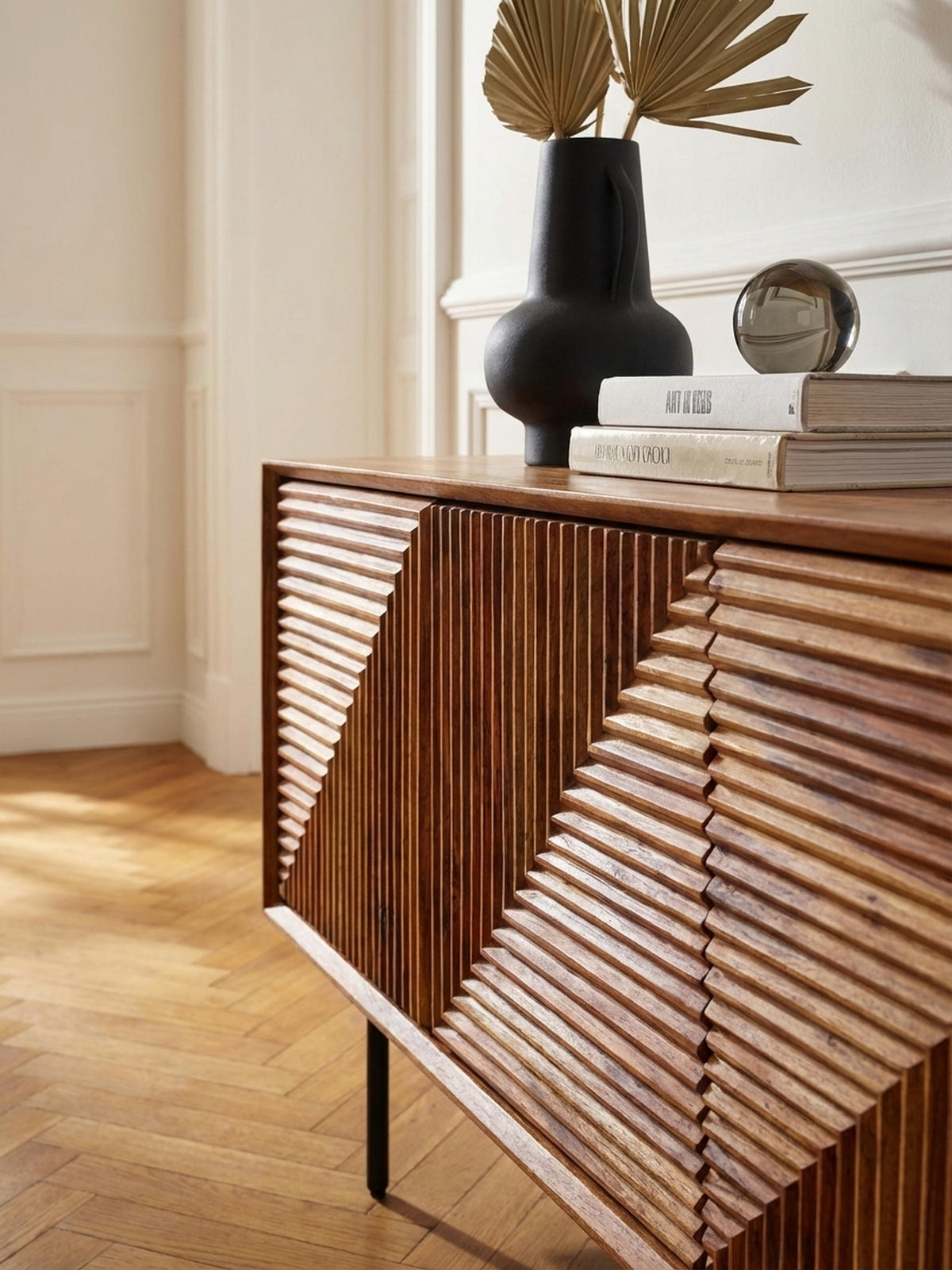 LOWBOARD Massivholz Modern Stil Modell Spectrum mit 3D-Oberfläche und Edelstahl-Gestell - Schwarz/Braun, Holz/Metall (140/54/33cm) - KADIMA DESIGN