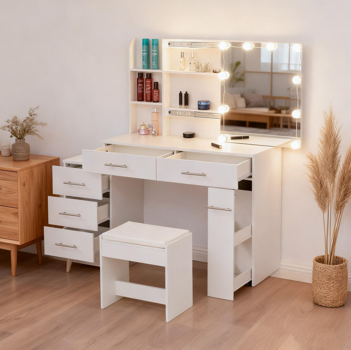 SCHMINKTISCH 100/40.5/136 mit Schiebespiegel, verstecktem Stauraum, LED-Beleuchtung und Hocker, Weiß - Weiß, Holzwerkstoff (100/136/40.5cm) - Redom