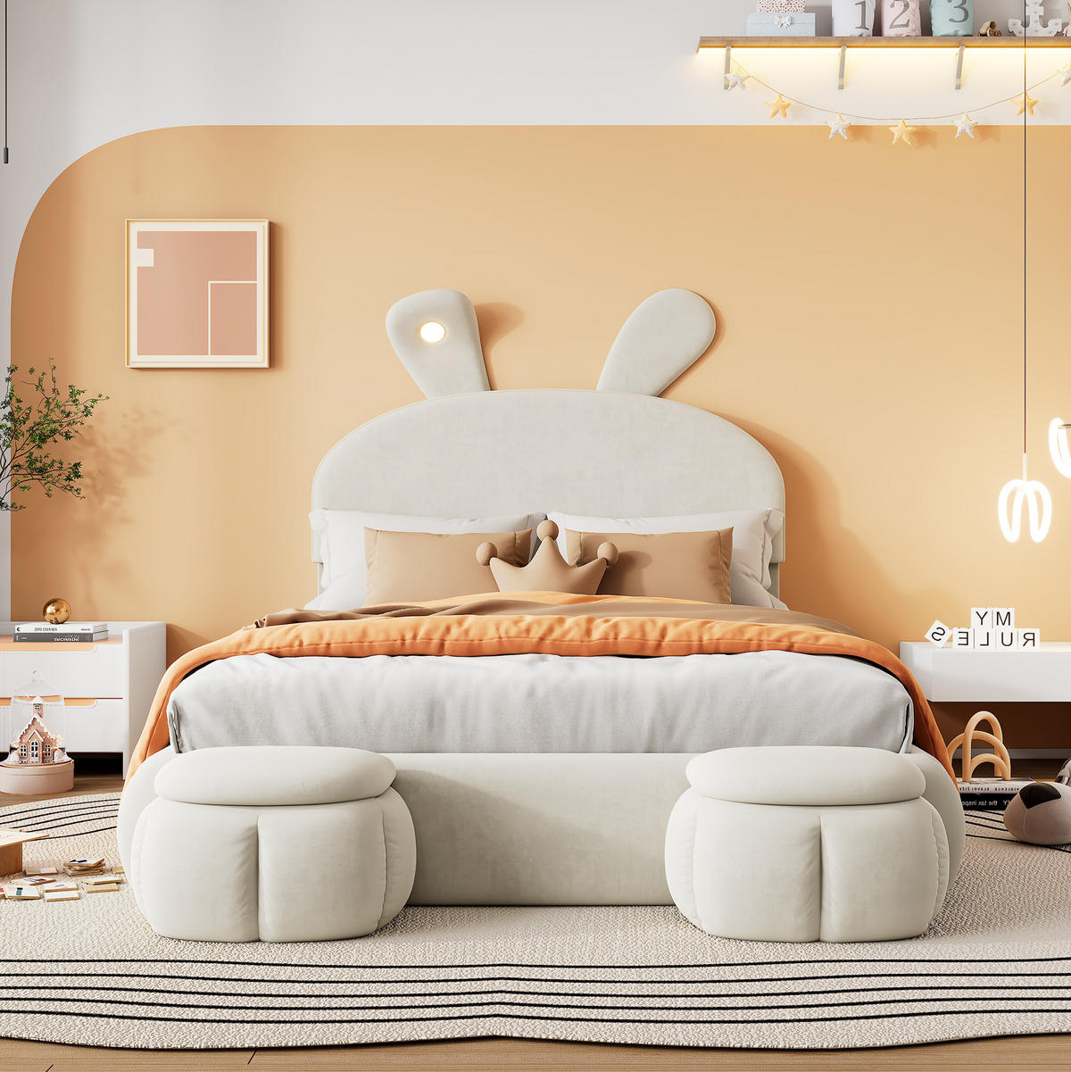 KINDERBETT aus Samt 140x200 cm in Beige mit LED-Licht & Stauraum - Beige, Textil (140/200cm) - Modfu