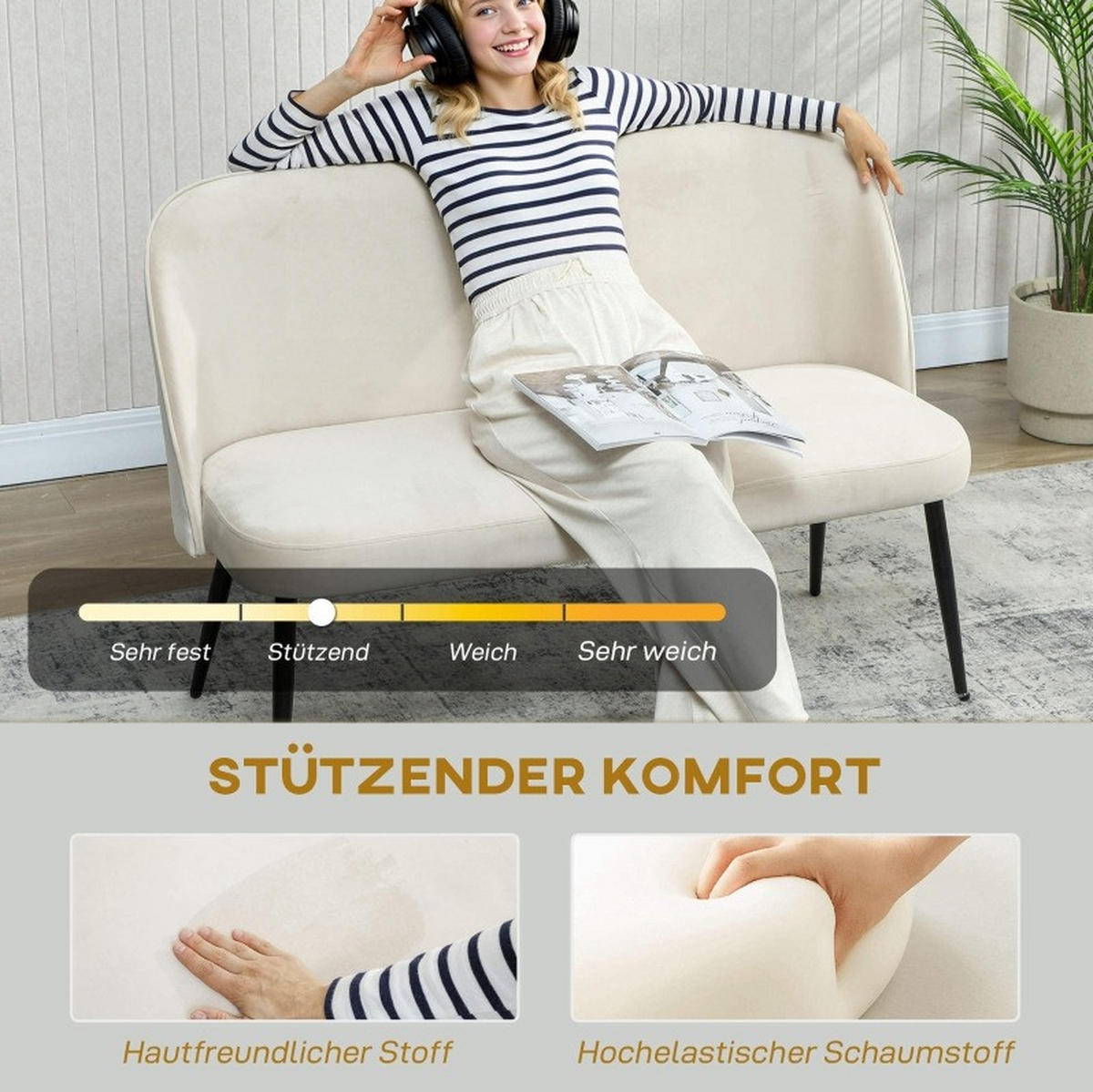 2-SITZER-SOFA aus Metall 127x63x84,5 cm in Beige mit verstellbaren Füßen - Beige, Textil (63/84.5/127cm) - Modfu