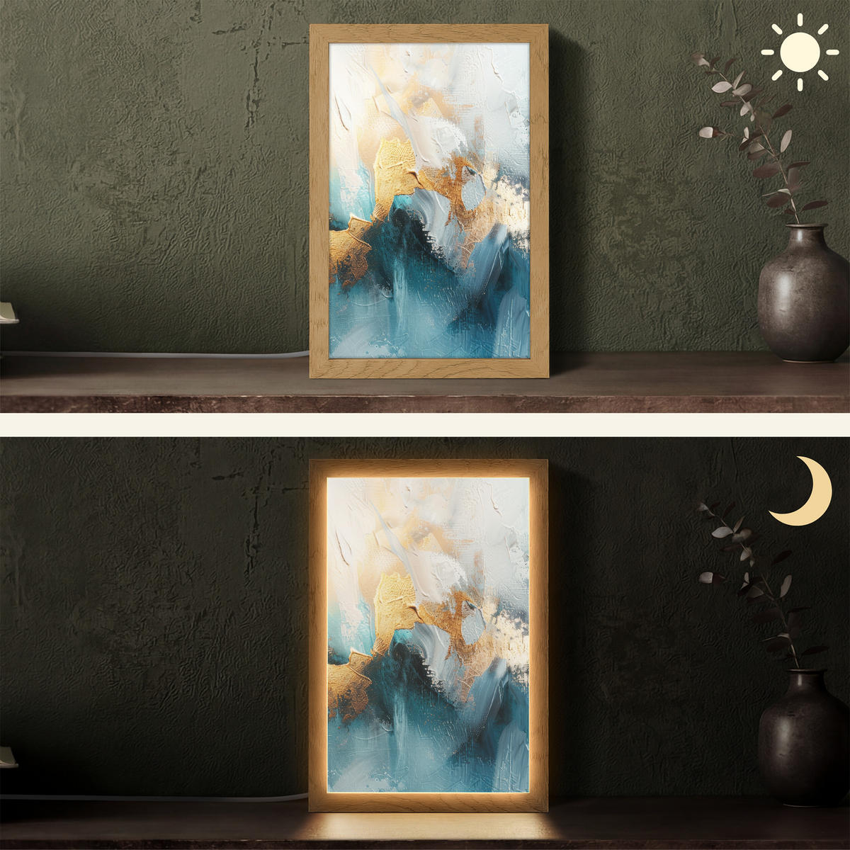 TISCHLEUCHTE Abstrakt - Kunst - Gold - Blau 20x30 cm - Aubergine, Holzwerkstoff (8/20/30cm) - OnlyWow
