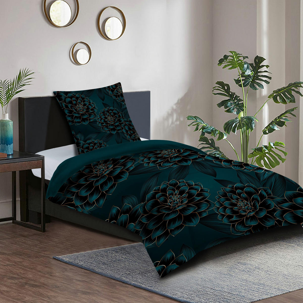 BETTWÄSCHE 4-teilig Dahlien - Blau, Naturmaterialien (135/200cm) - Sanilo