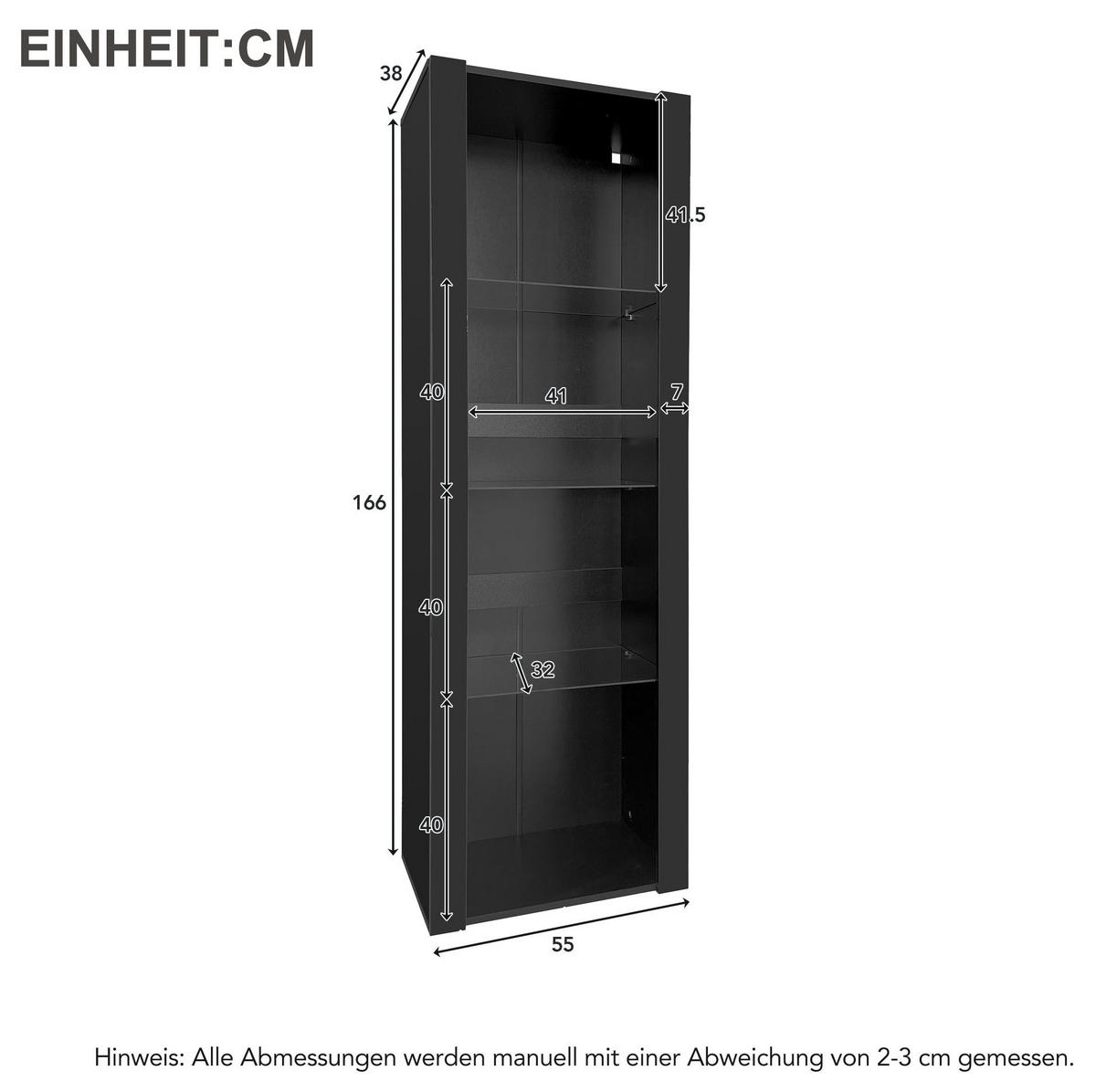 VITRINE 55/38/166 cm aus Spanplatte mit Hochglanzfront und LED-Beleuchtung Schwarz - Schwarz, Holzwerkstoff (55/166/38cm) - Modenvie