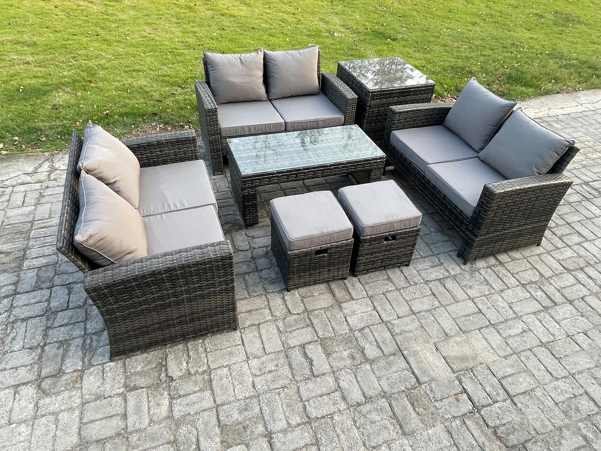 GARTENMÖBEL-SET mit Kissen Polyrattan Dunkelgrau 8-Sitzer - Dunkelgrau, Metall - Fimous