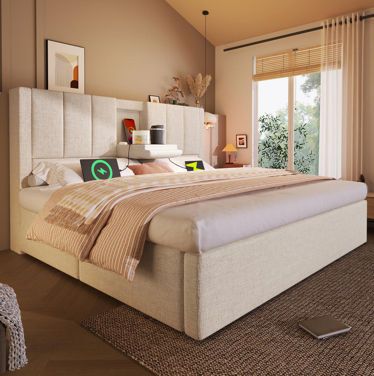 POLSTERBETT mit Stauraum und Ladestation 160x200 cm Leinen Beige inkl. Matratze - Beige, Metall (160/200cm) - Meubliv