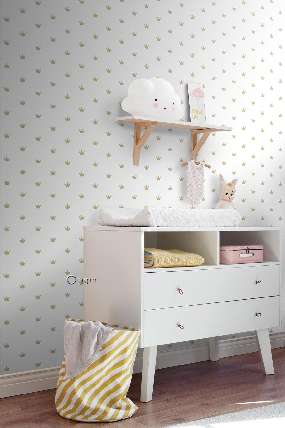 TAPETE kleine Kronen 53 cm x 10.05 m - Weiß, Papier (53/0.1cm) - Origin Wallcoverings