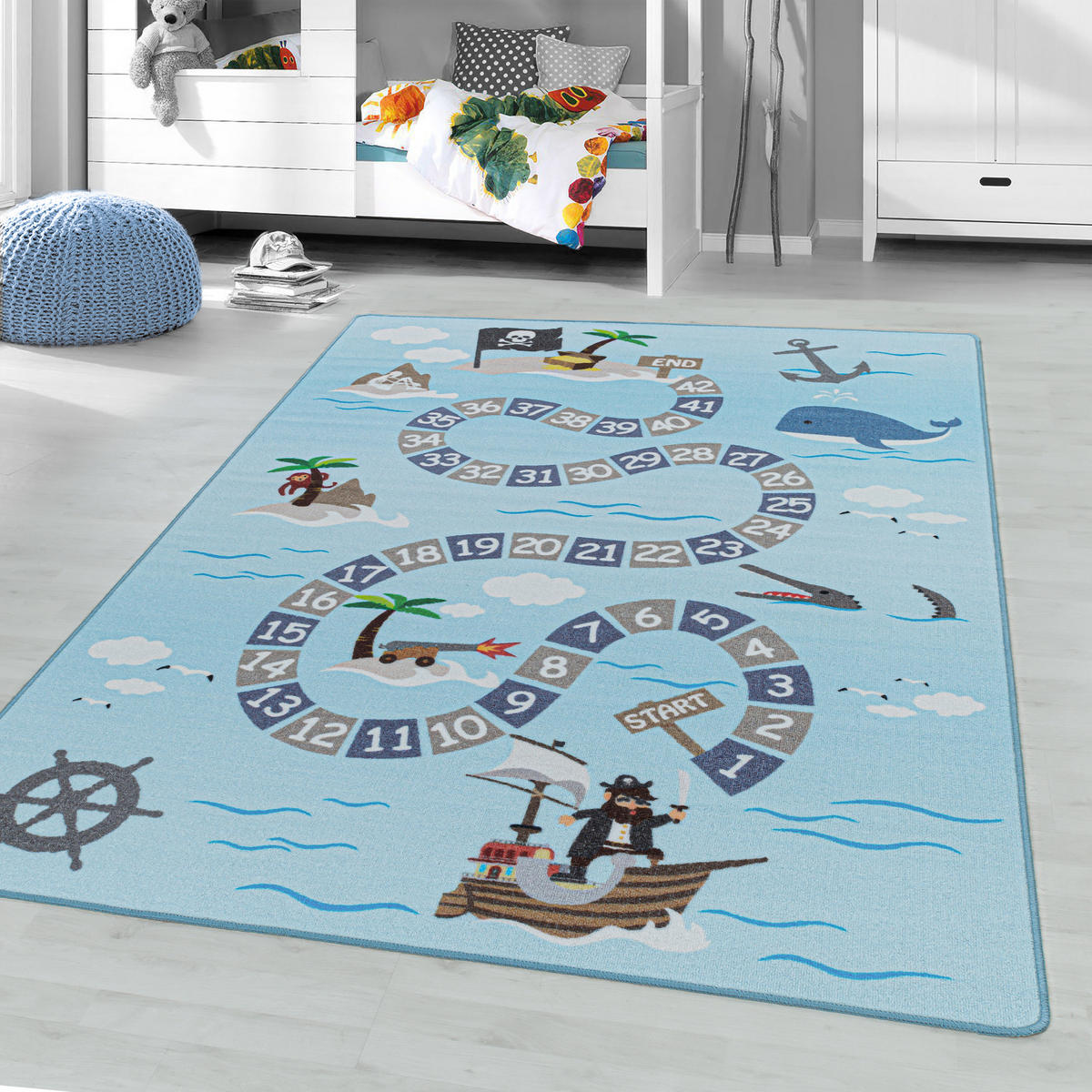 TEPPICH Kinder Flachgewebe Piratenwelt Polyamid Antirutsch Spielzimmer Blau Rechteckig 160x230 - Blau, Textil (160/230cm) - KADIMA DESIGN