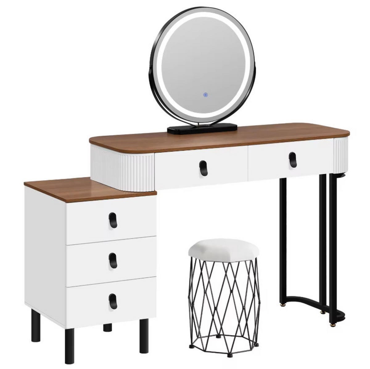 SCHMINKTISCH mit verstellbarem runden LED-Spiegel / 5 Schubladen / gepolstertem Hocker - Braun, Glas (125/100/40cm) - Vallsero