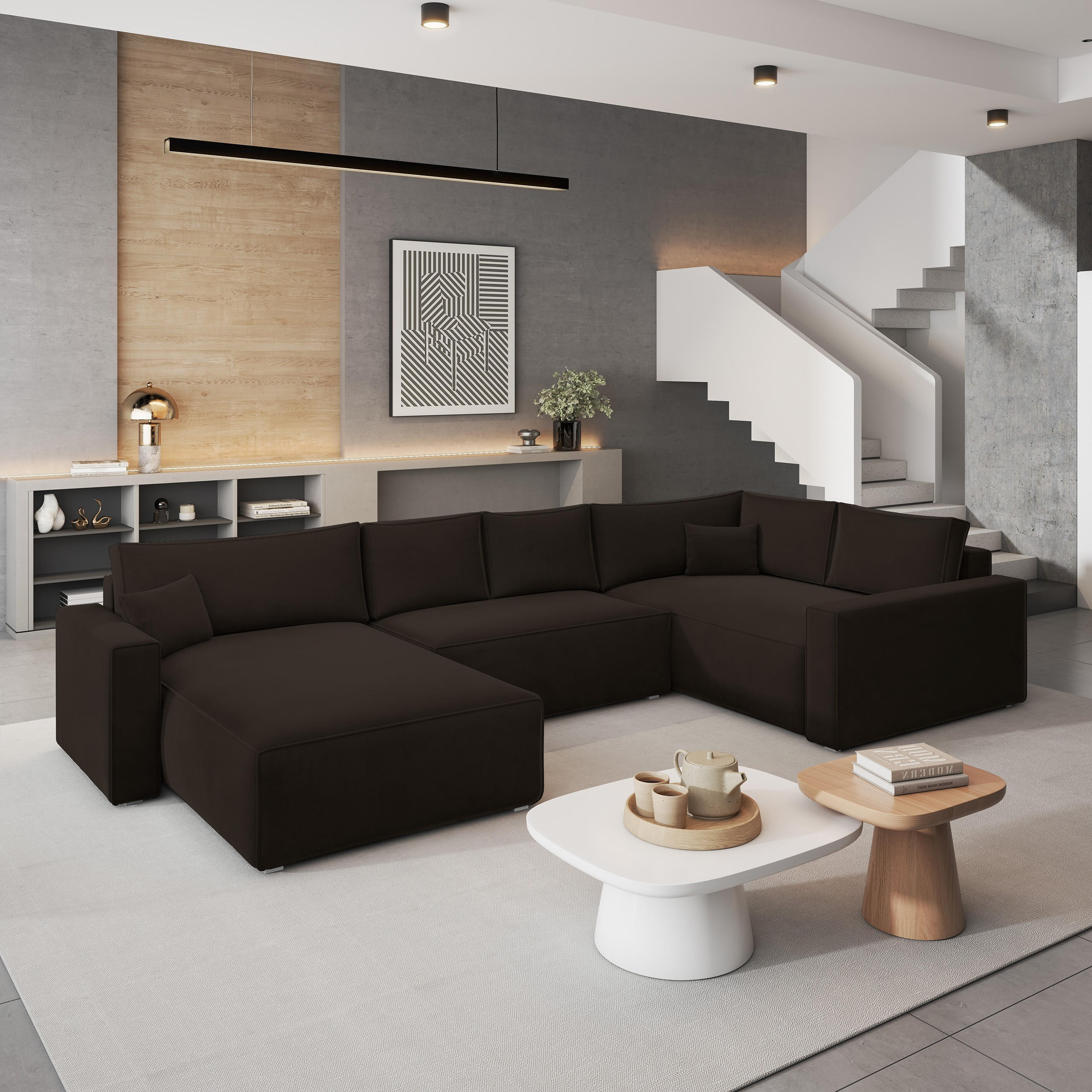 WOHNLANDSCHAFT VELAMI R-S Braun Velours-Stoff mit Schlaffunktion - Braun, Holz (365/83/194cm) - MASSENO